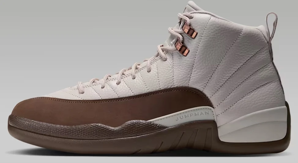 Air Jordan 12 Fireside side profile with Light Orewood Brown leather upper, Cacao Wow mudguard and metallic lace hooks