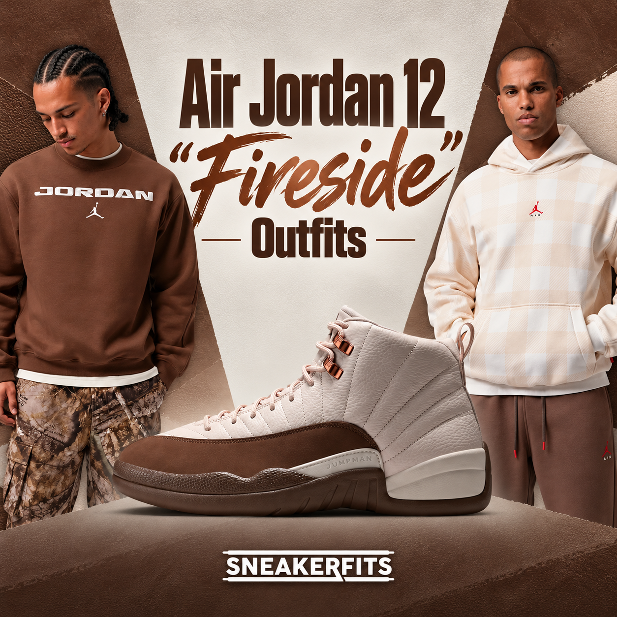 Air Jordan 12 Fireside sneakers with matching brown Jordan sweatshirt and cream Jordan hoodie outfits, featuring coordinated apparel and subtle branding by SneakerFits