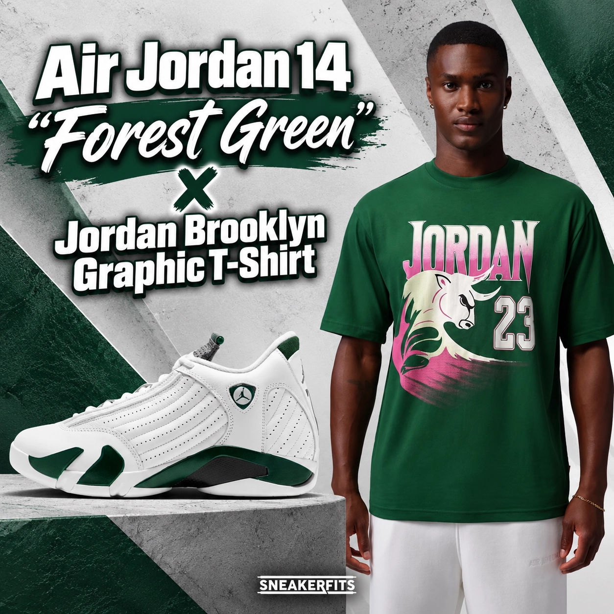Air Jordan 14 Forest Green sneakers paired with a Gorge Green Jordan Brooklyn Bucks graphic T-shirt featuring Jordan 23 and bull artwork – SneakerFits