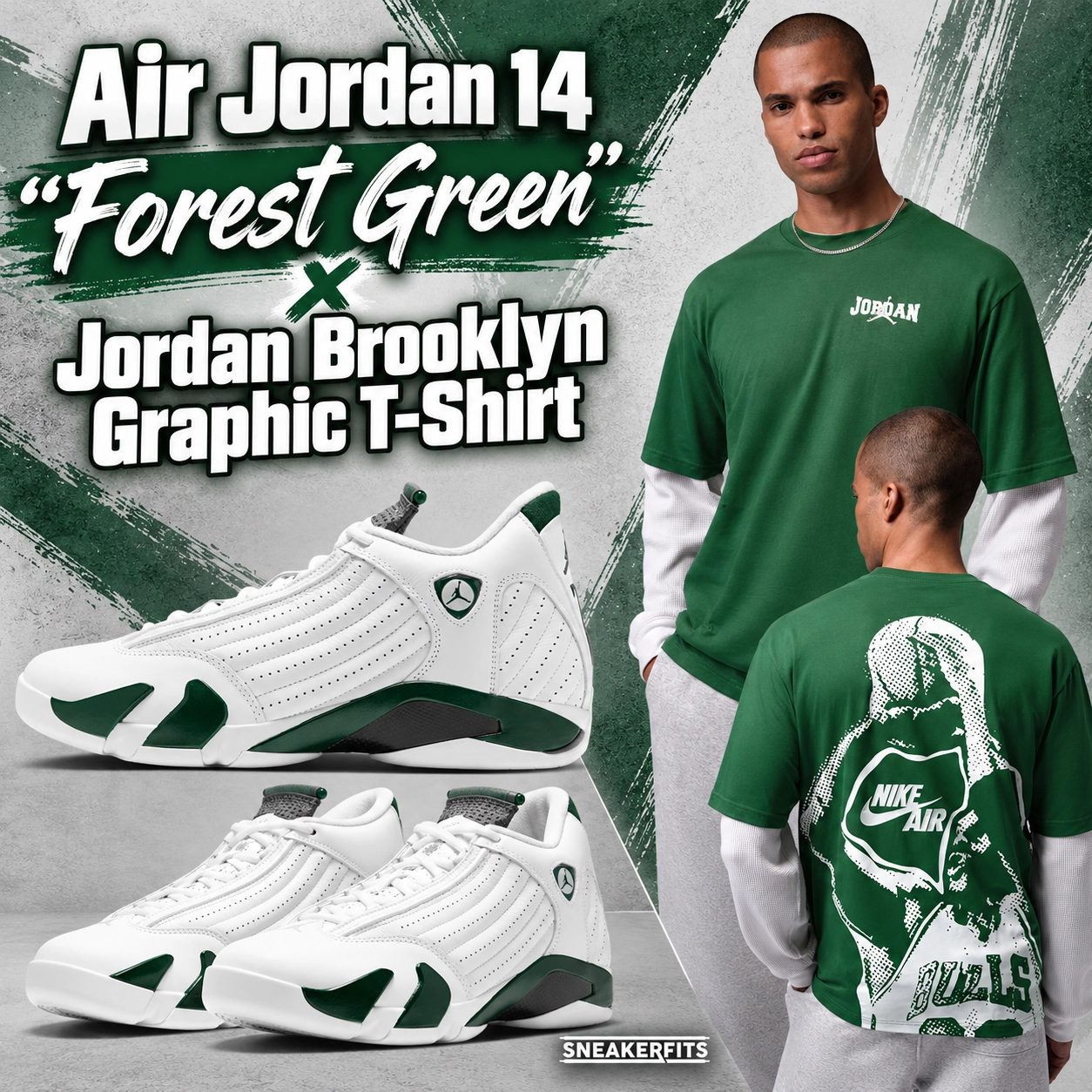 Air Jordan 14 Forest Green sneakers paired with a Gorge Green Jordan Brooklyn graphic T-shirt, showing front and back outfit views – SneakerFits