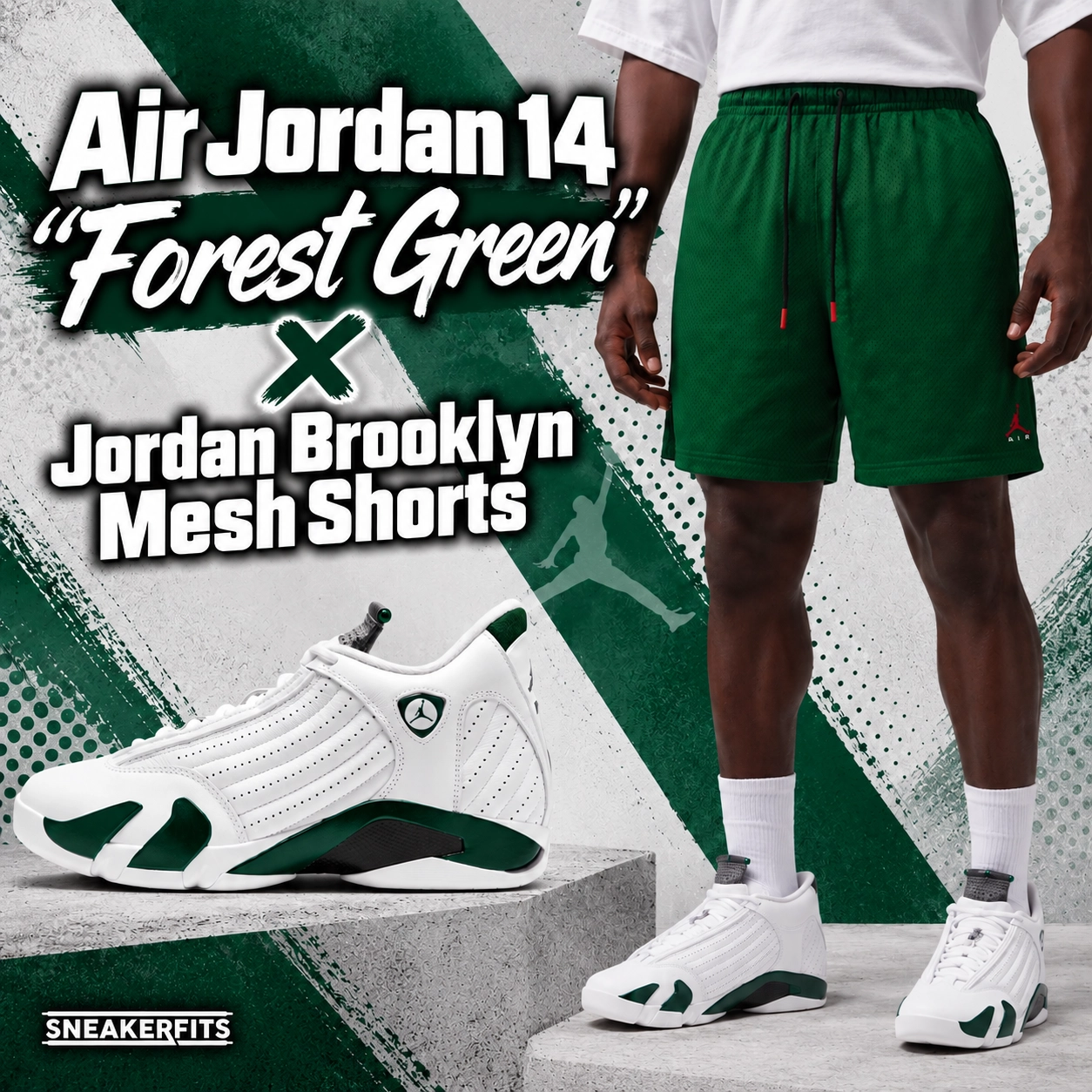 Air Jordan 14 Forest Green sneakers paired with Gorge Green Jordan Brooklyn mesh shorts featuring red Jumpman branding and white socks – SneakerFits