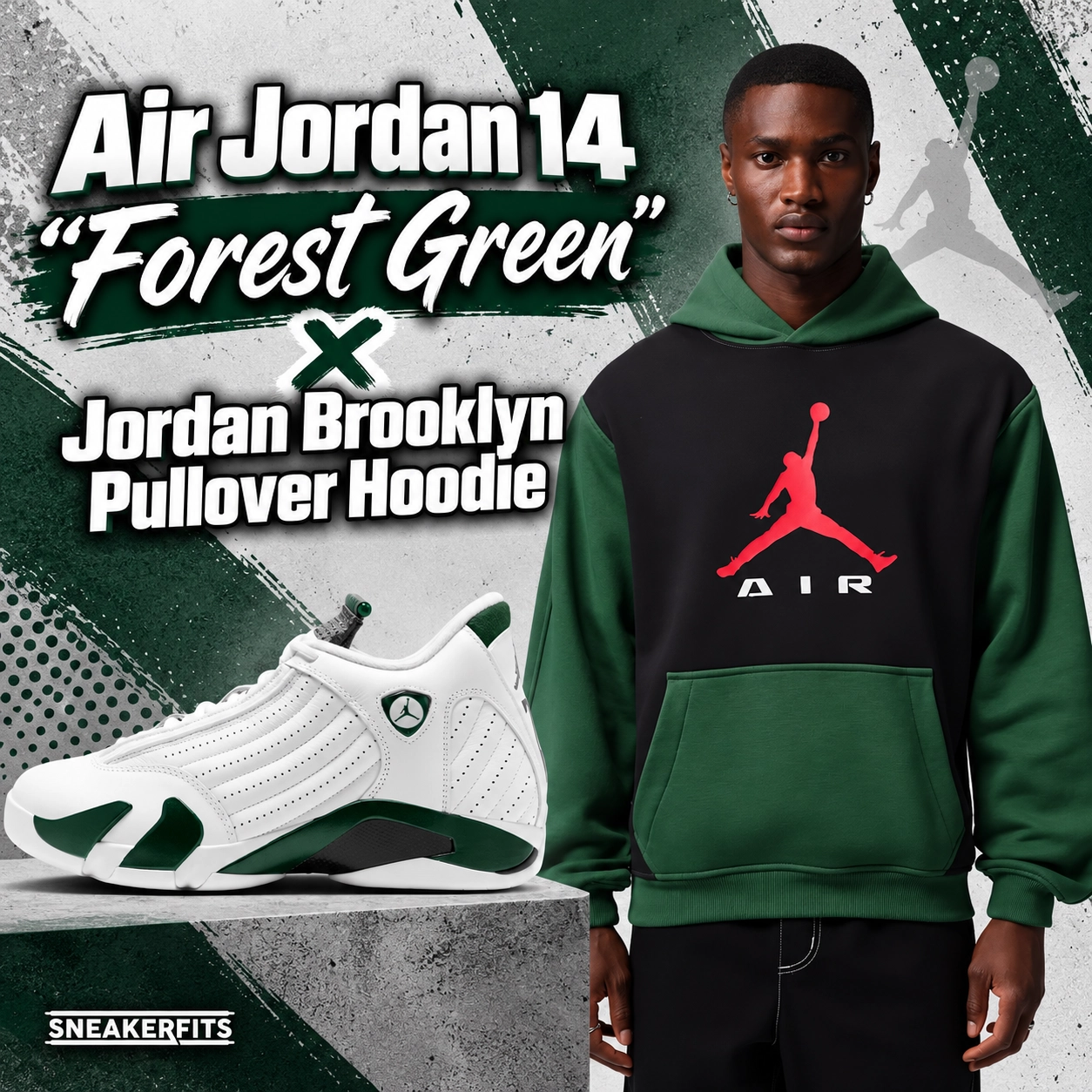 Air Jordan 14 Forest Green sneakers paired with a black and Gorge Green Jordan Brooklyn pullover hoodie featuring a red Jumpman logo – SneakerFits