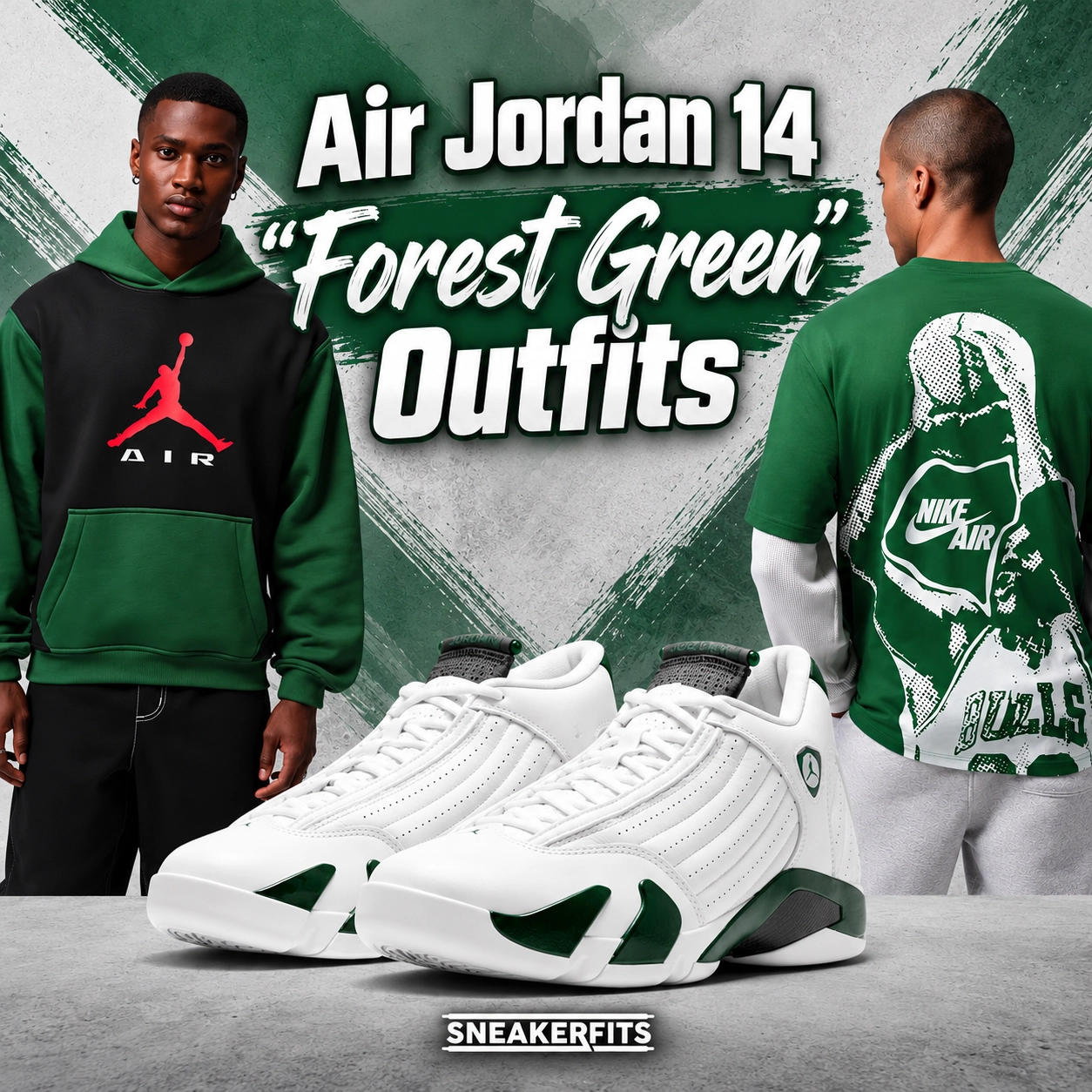Air Jordan 14 Forest Green sneakers with matching Jordan hoodie and green Nike Air graphic tee outfit inspiration – SneakerFits