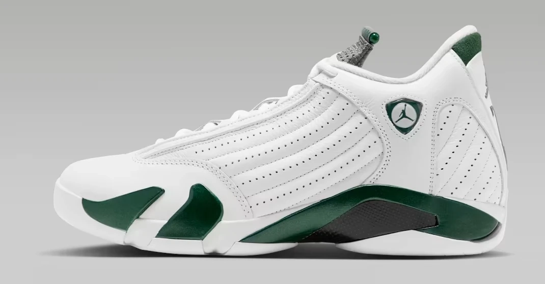 Air Jordan 14 Retro Forest Green 2026 sneakers in white leather with Gorge Green and Light Graphite accents.