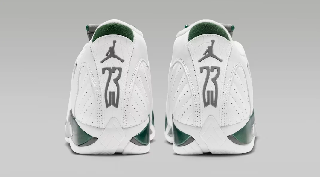 Rear view of the Air Jordan 14 Retro Forest Green sneakers showing grey Jumpman logos, number 23 heel branding and Gorge Green accents.