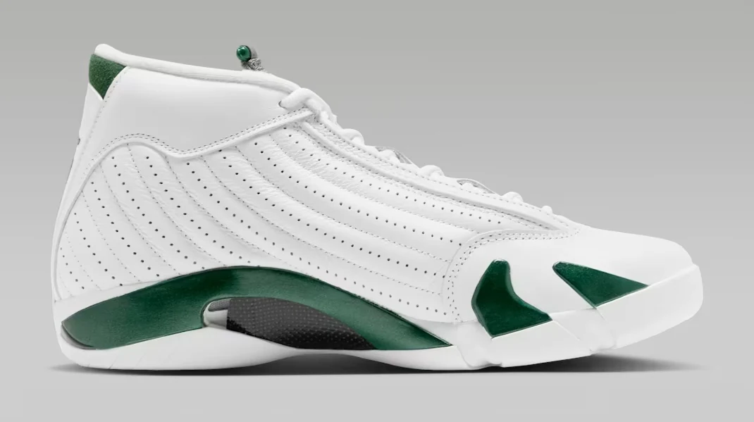 Medial side view of the Air Jordan 14 Retro Forest Green featuring white leather, Gorge Green accents and Light Graphite detailing.
