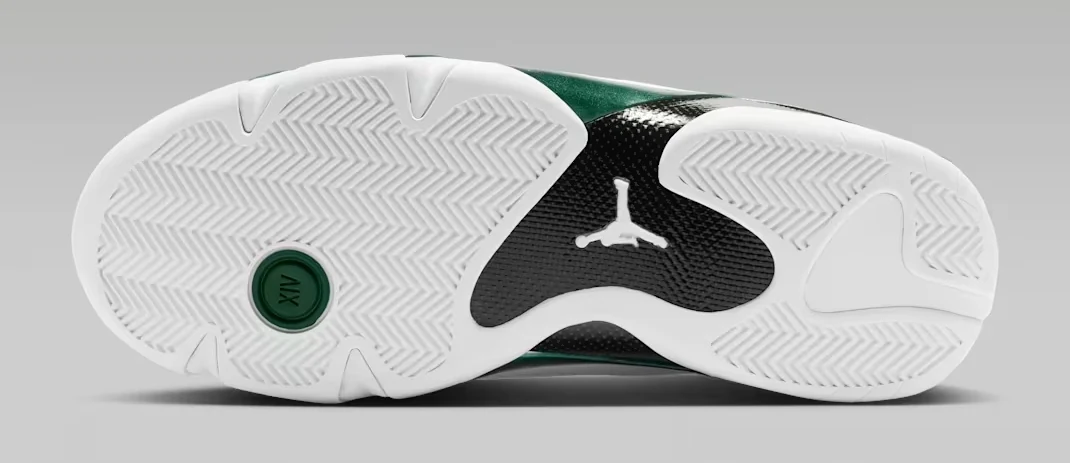 Air Jordan 14 Retro Forest Green outsole featuring white traction patterns, black carbon fiber detailing and Gorge Green accents.