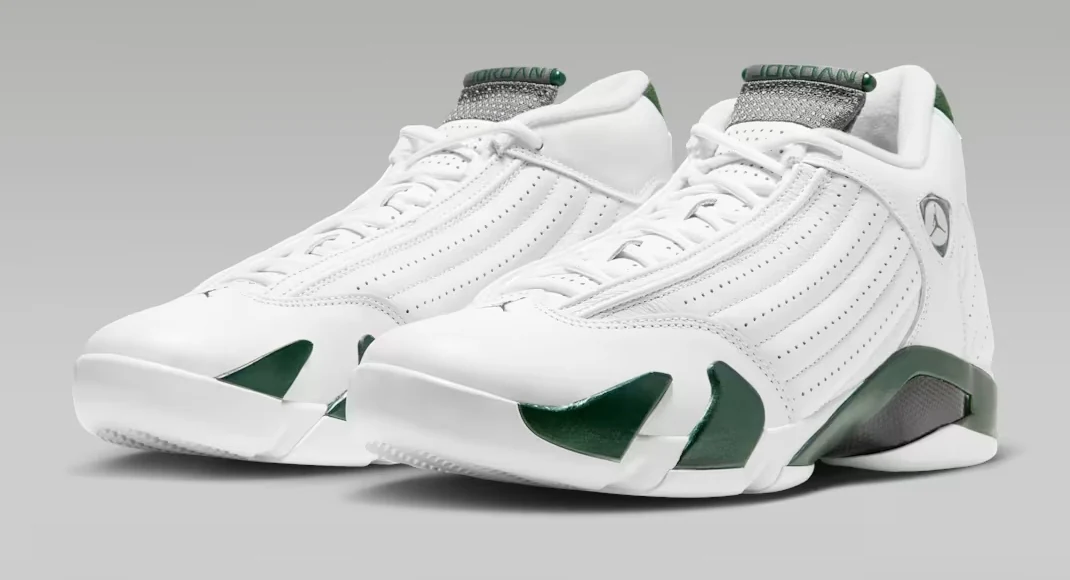 Pair of Air Jordan 14 Retro Forest Green sneakers featuring white leather uppers, Gorge Green midsole accents and grey detailing.