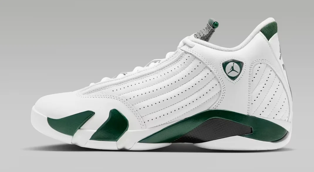 Air Jordan 14 Retro Forest Green side view featuring white leather, Gorge Green accents, Light Graphite details and Jumpman shield logo.