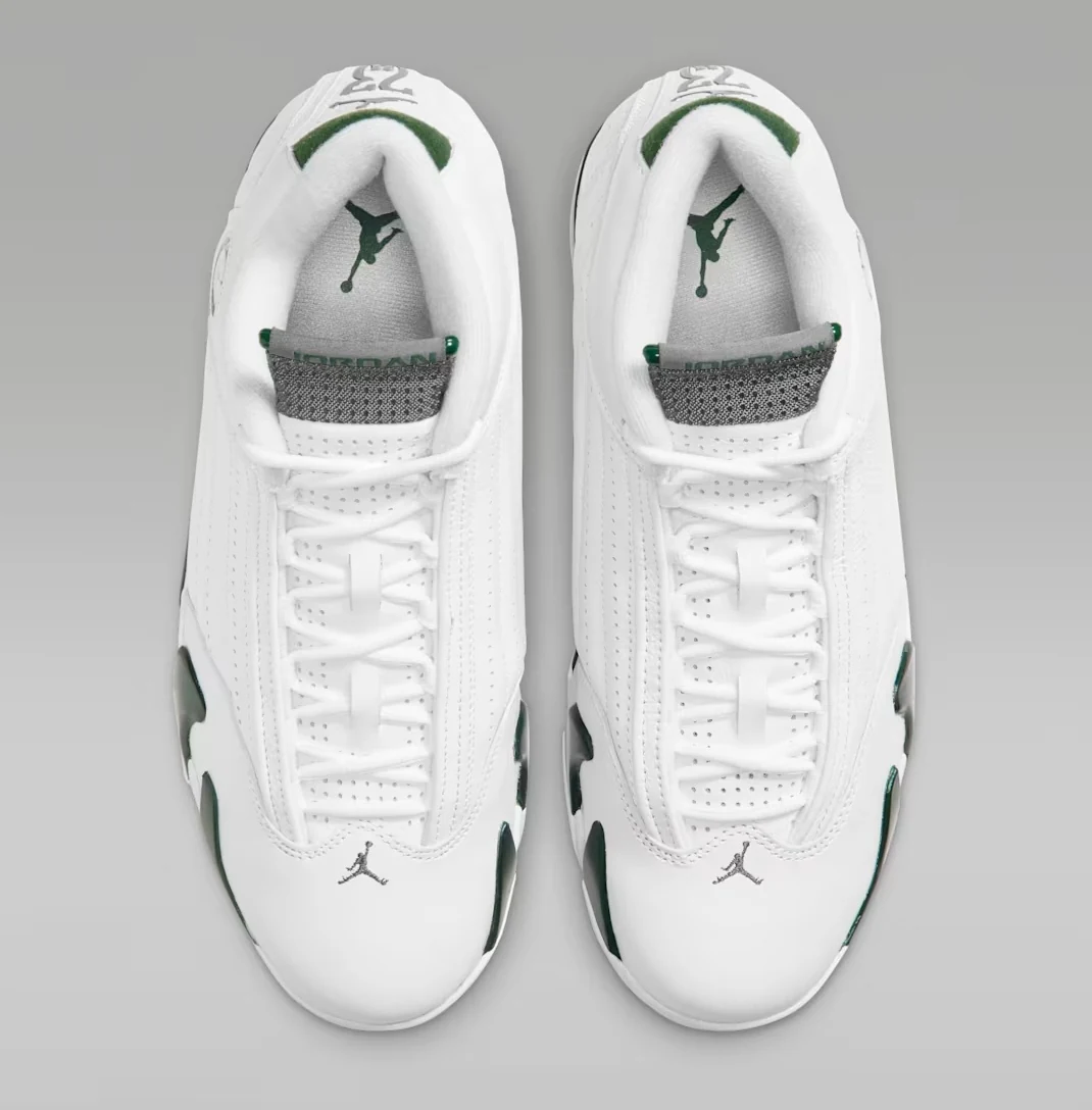Top view of the Air Jordan 14 Retro Forest Green sneakers showing white leather uppers, white laces and Gorge Green Jumpman branding.