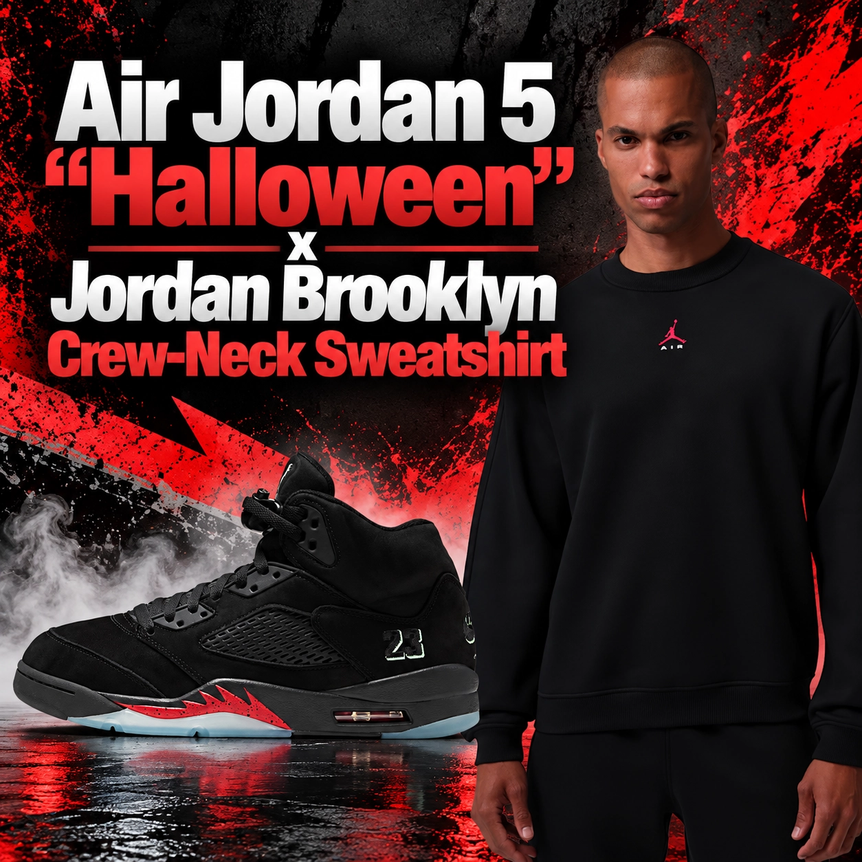 Air Jordan 5 "Halloween" black sneakers with red accents paired with the black Jordan Brooklyn Crew-Neck Sweatshirt featuring a small red Jumpman logo.