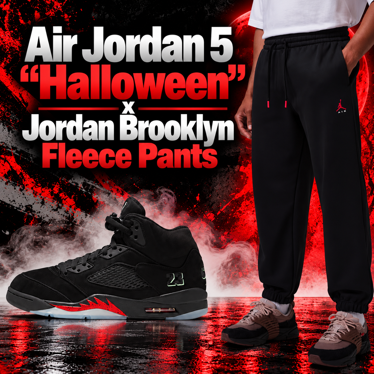Air Jordan 5 "Halloween" black sneakers paired with black Jordan Brooklyn Fleece Cuffed Pants in a red and black outfit graphic.