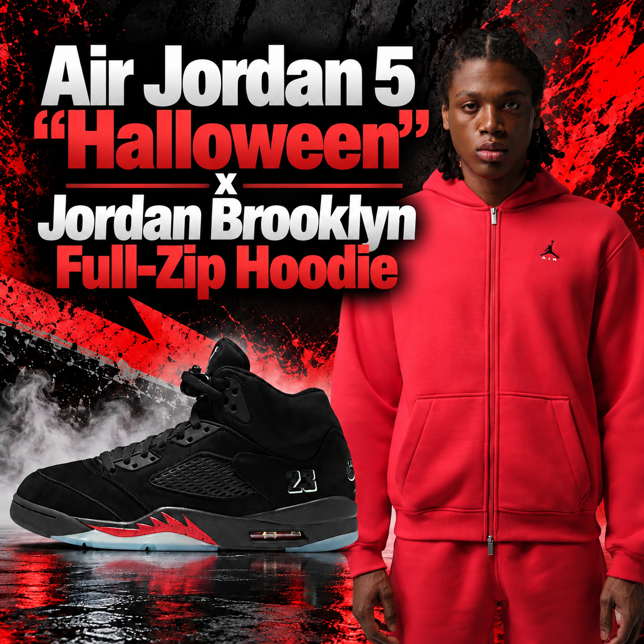 Air Jordan 5 Halloween black and red sneakers paired with a red Jordan Brooklyn Full-Zip Hoodie for a matching sneaker outfit.
