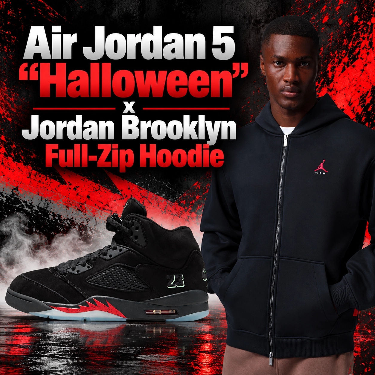 Air Jordan 5 "Halloween" black sneakers with red accents paired with the black Jordan Brooklyn Full-Zip Hoodie featuring a small red Jumpman logo.