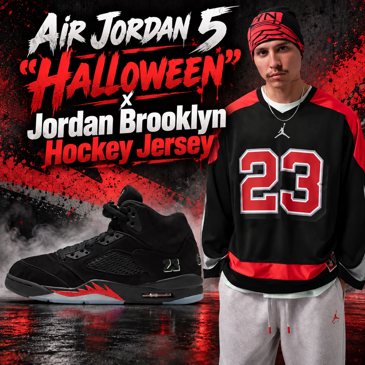Air Jordan 5 "Halloween" black sneakers paired with the black and red Jordan Brooklyn Hockey Jersey featuring Michael Jordan's number 23.