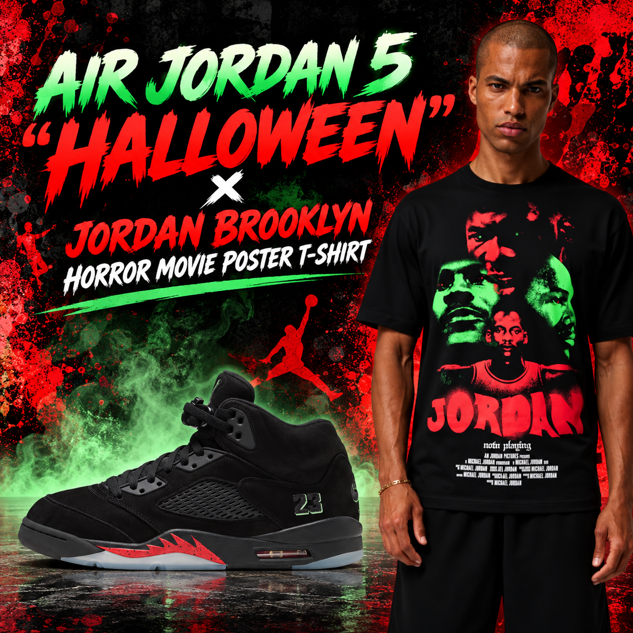 Air Jordan 5 “Halloween” black and red sneakers paired with the Jordan Brooklyn Horror Movie Poster T-Shirt in black with red and green graphics.