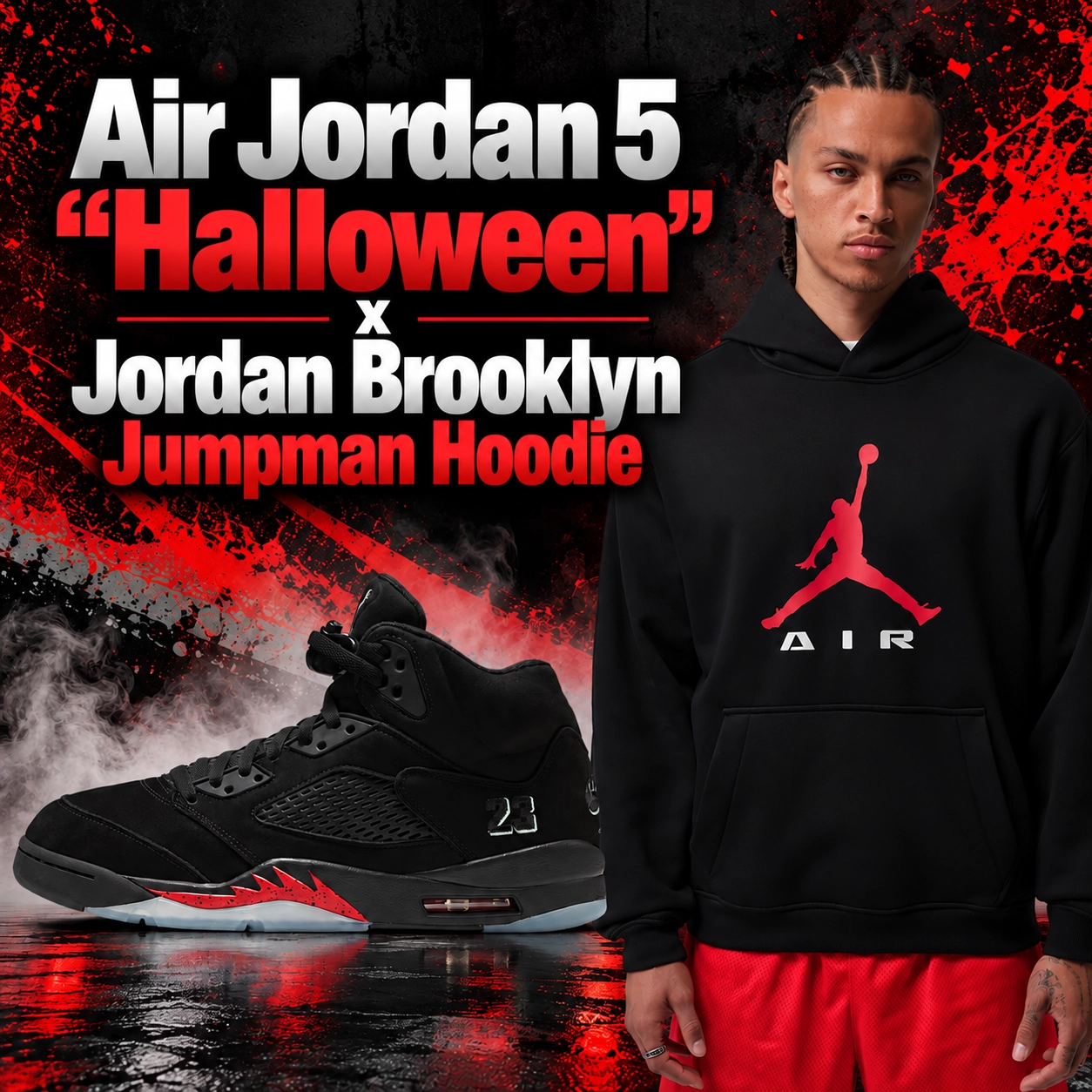 Air Jordan 5 "Halloween" black sneakers with red accents paired with the black Jordan Brooklyn Jumpman Hoodie featuring a red Jumpman logo and white AIR lettering.
