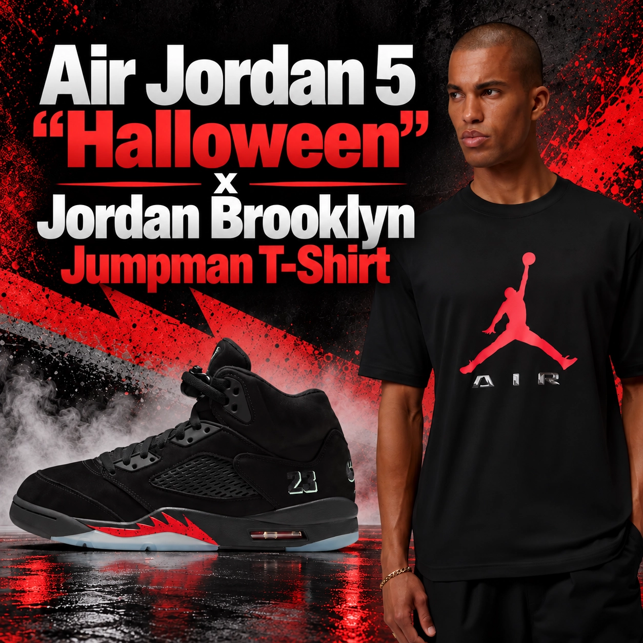 Air Jordan 5 "Halloween" black sneakers with red accents paired with the black Jordan Brooklyn Jumpman T-Shirt featuring a red Jumpman logo.