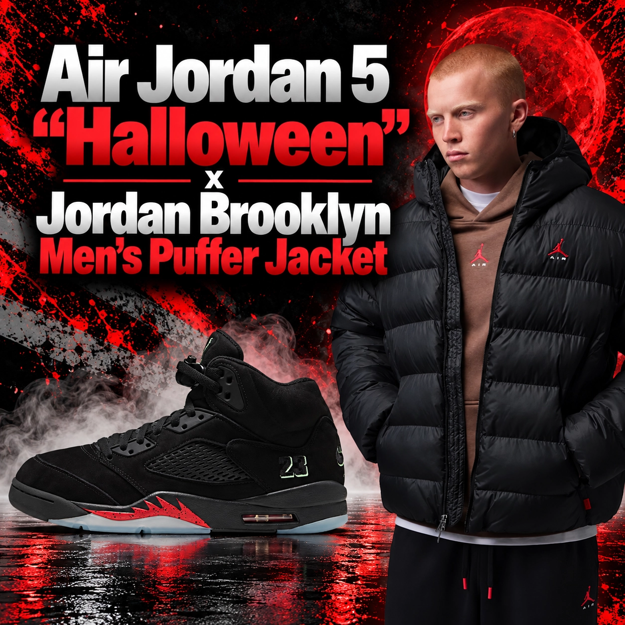 Air Jordan 5 "Halloween" black sneakers with red accents paired with the black Jordan Brooklyn Men's Puffer Jacket featuring a small red Jumpman logo.