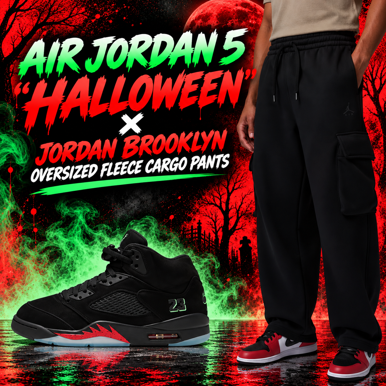 Air Jordan 5 “Halloween” black sneakers paired with Jordan Brooklyn Oversized Fleece Cargo Pants in black, featuring a red and green Halloween-themed background.