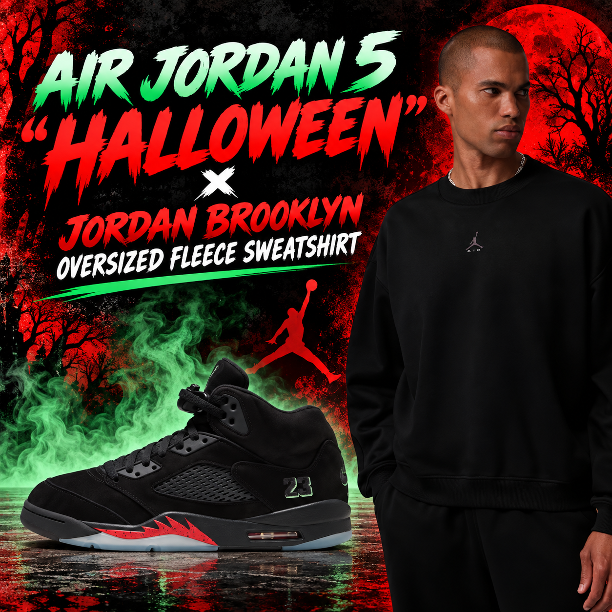 Air Jordan 5 Halloween black and red sneakers paired with a black Jordan Brooklyn Oversized Fleece Sweatshirt on a model.