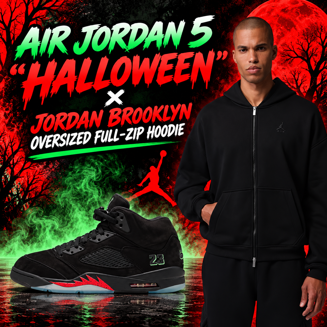 Air Jordan 5 Halloween black and red sneakers paired with a black Jordan Brooklyn Oversized Full-Zip Hoodie, featuring a Halloween-themed background.