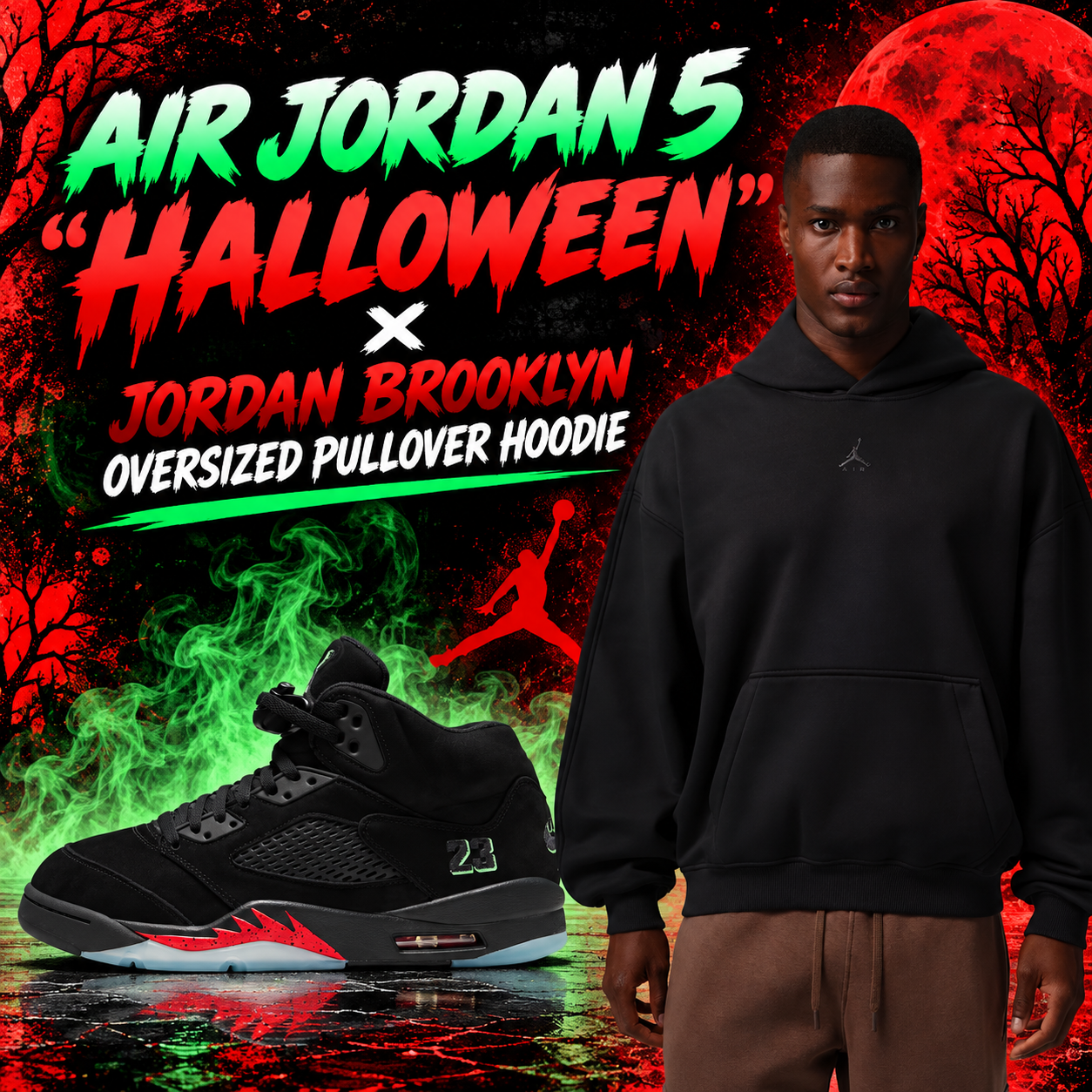 Air Jordan 5 “Halloween” black and red sneakers paired with a black Jordan Brooklyn Oversized Pullover Hoodie against a Halloween-themed background.