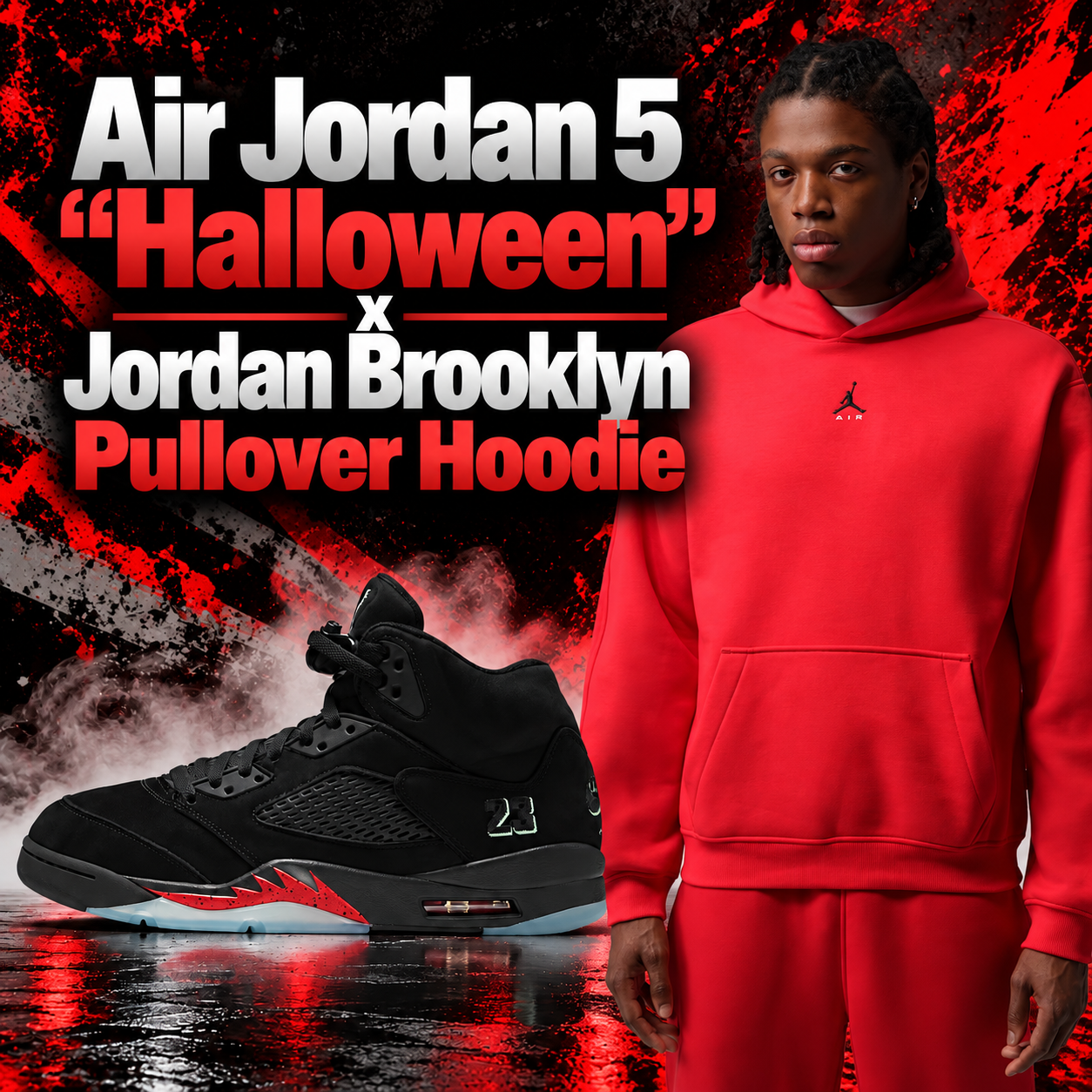 Air Jordan 5 Halloween black and red sneakers paired with a red Jordan Brooklyn Pullover Hoodie for a matching sneaker outfit.