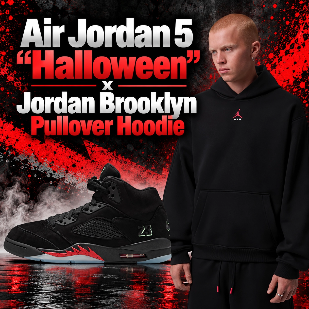 Air Jordan 5 "Halloween" black sneakers with red accents paired with the black Jordan Brooklyn Pullover Hoodie featuring a small red Jumpman logo.