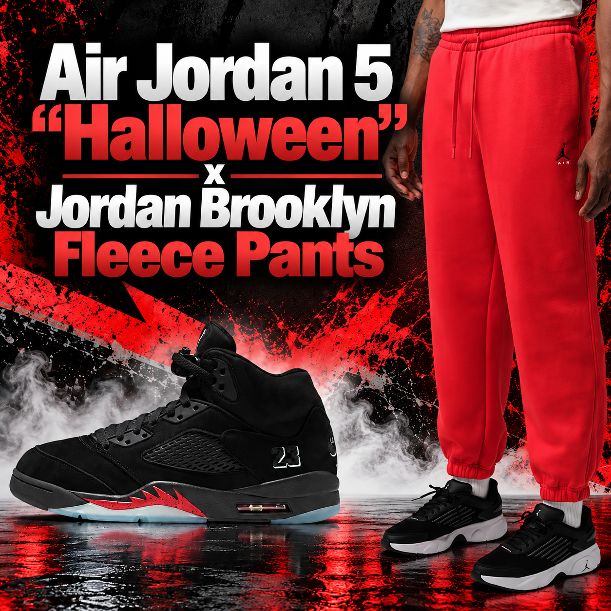Air Jordan 5 Halloween black sneakers paired with red Jordan Brooklyn Fleece Pants featuring black Jumpman branding.