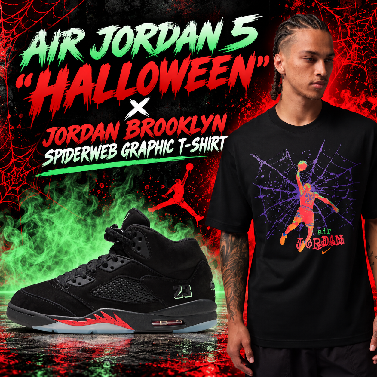 Air Jordan 5 “Halloween” black and red sneakers paired with the Jordan Brooklyn Spiderweb Graphic T-Shirt in black with purple, orange, red and green graphics.