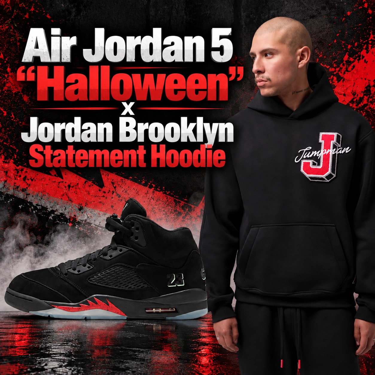 Air Jordan 5 "Halloween" black sneakers with red accents paired with the black Jordan Brooklyn Statement Hoodie featuring a red and white Jumpman J graphic.