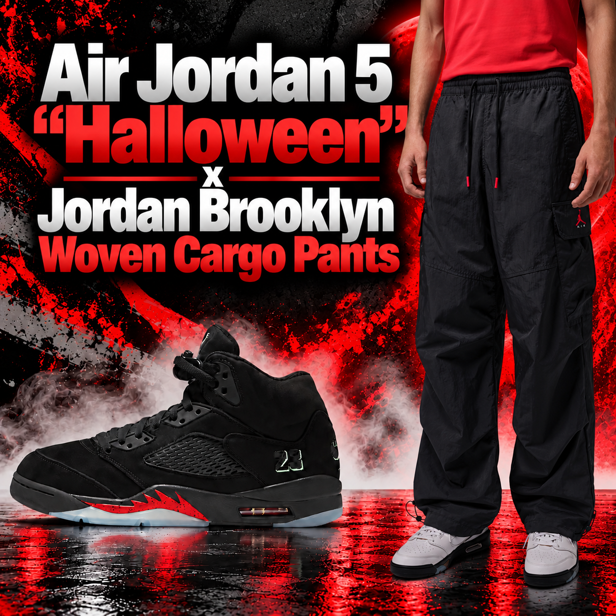 Air Jordan 5 "Halloween" black and red sneakers paired with black Jordan Brooklyn Woven Cargo Pants featuring red Jumpman accents.
