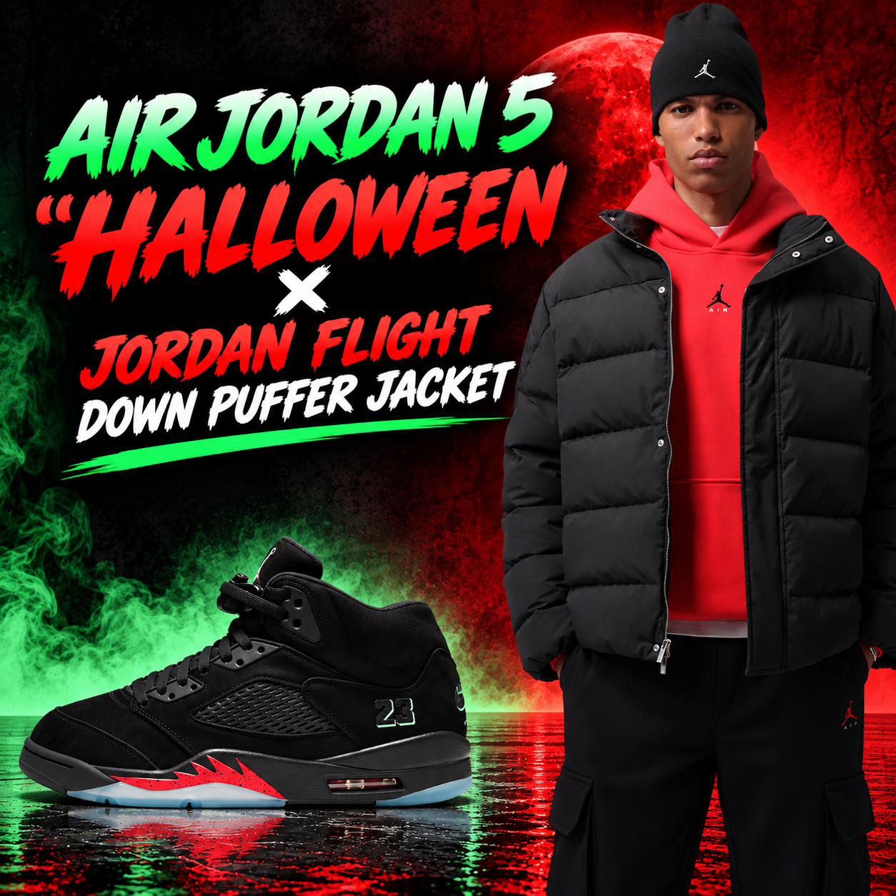 Air Jordan 5 “Halloween” black sneakers paired with the Jordan Flight Down Puffer Jacket, red hoodie and black beanie.