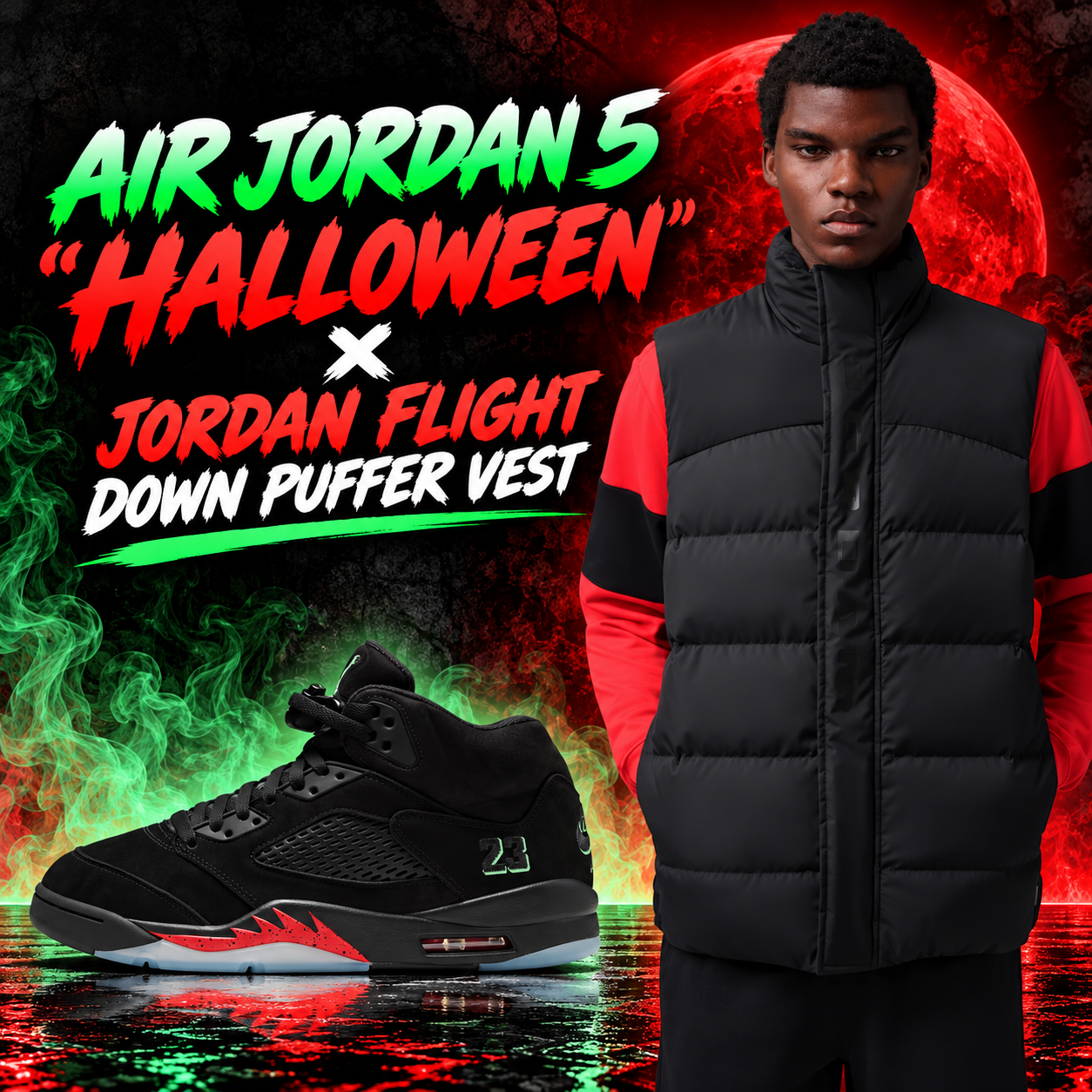 Air Jordan 5 “Halloween” black and red sneakers paired with a black Jordan Flight Down Puffer Vest over a red and black top.