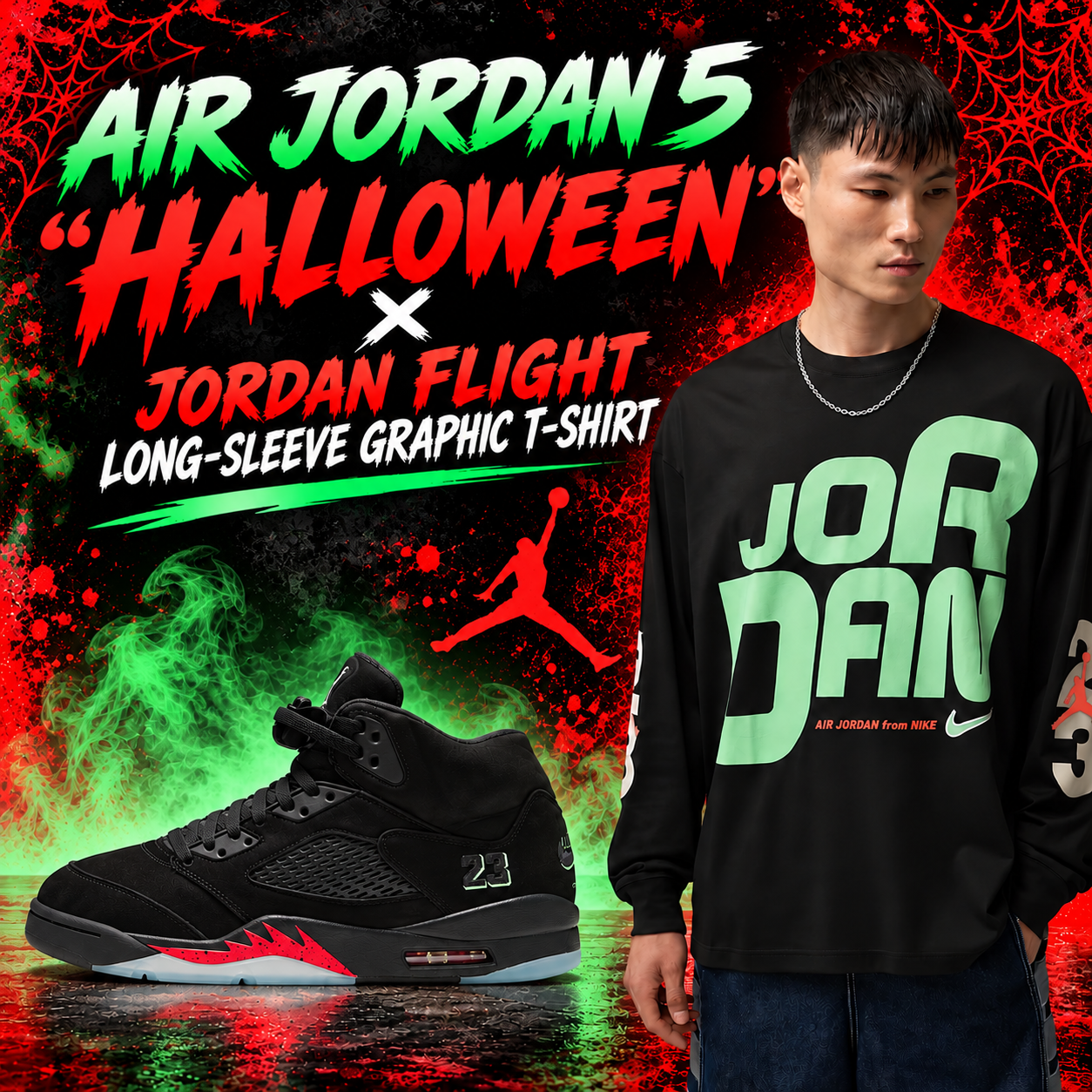 Air Jordan 5 “Halloween” black sneakers paired with the Jordan Flight Long-Sleeve Graphic T-Shirt in black with green Jordan lettering.