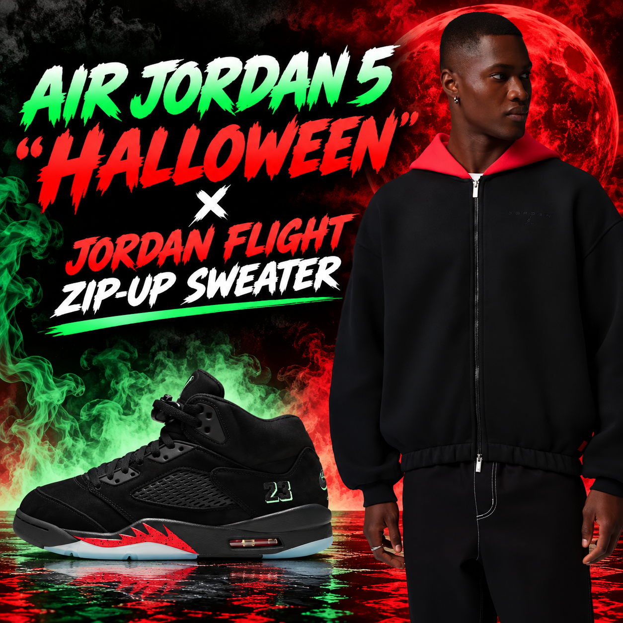Air Jordan 5 “Halloween” black and red sneakers paired with a black Jordan Flight Zip-Up Sweater featuring a red hood.