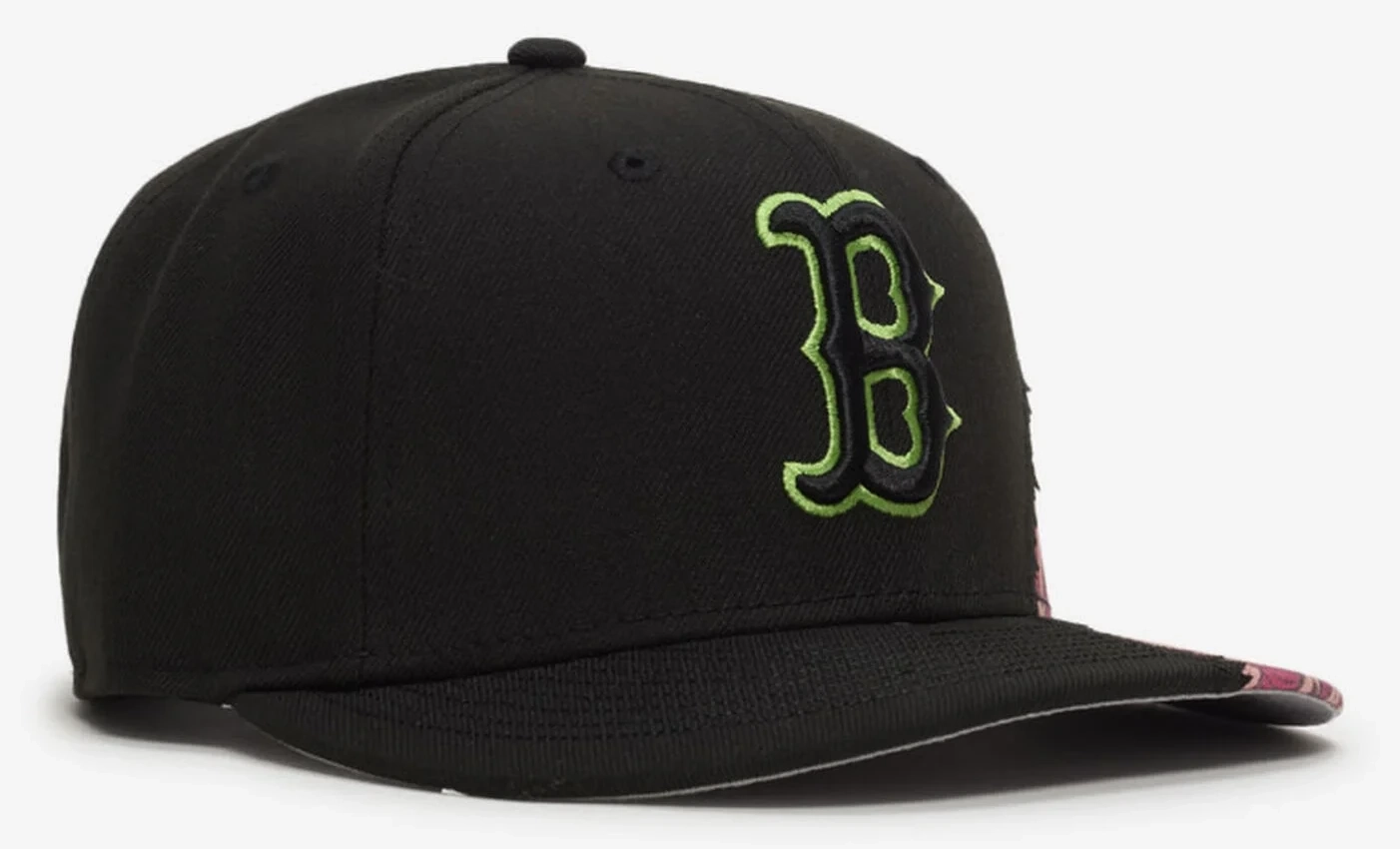 Boston Red Sox New Era Brains 9FIFTY black snapback hat with lime green outlined B logo and pink graphic accents, matching the Air Jordan 5 Halloween.