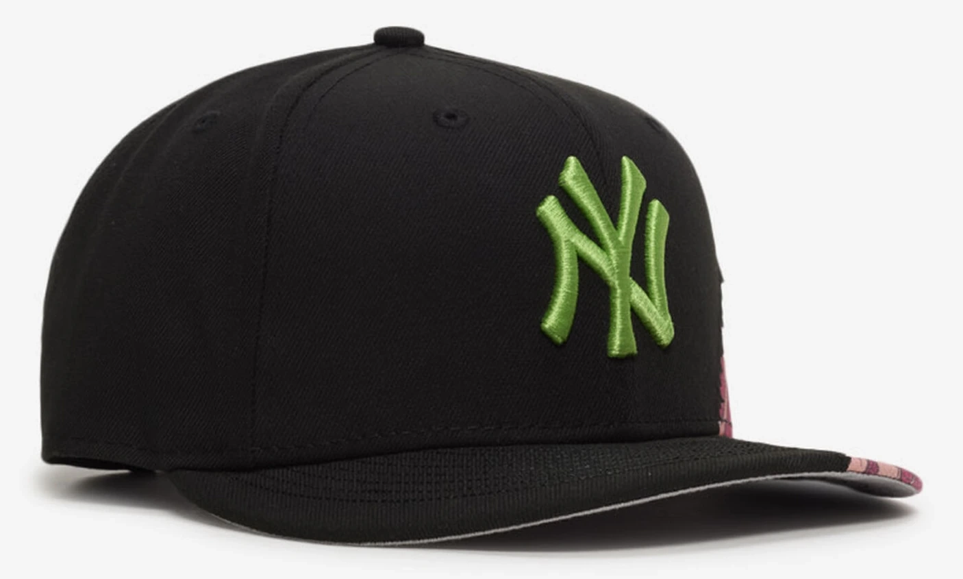 New York Yankees New Era Brains 9FIFTY black snapback hat with lime green embroidered NY logo and pink graphic accents, coordinating with the Air Jordan 5 Halloween.
