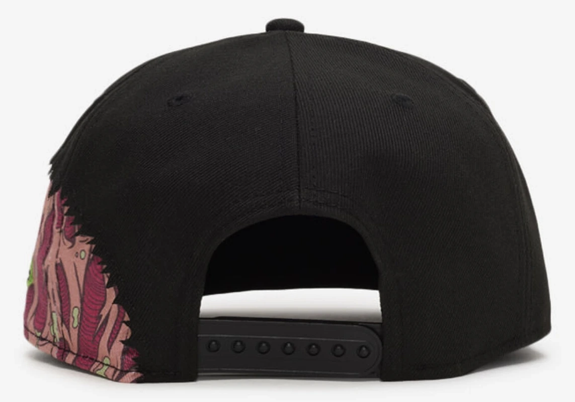 Rear view of black New Era Brains 9FIFTY snapback hat with adjustable closure and pink brain graphics, styled to match the Air Jordan 5 Halloween.