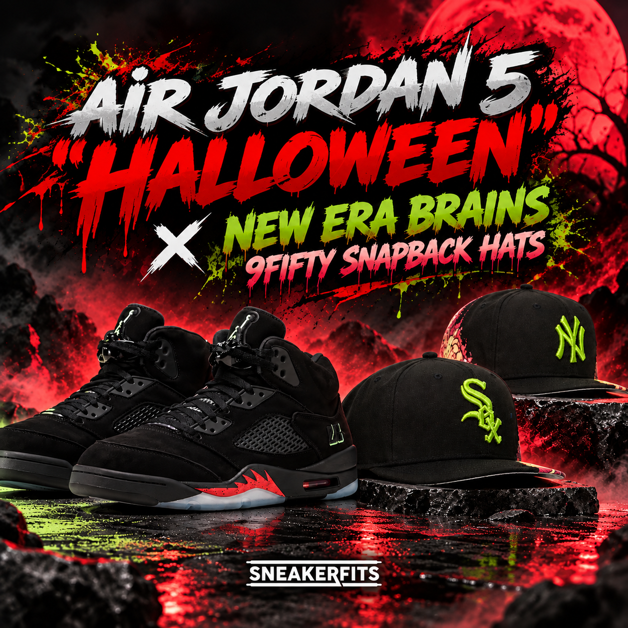 Air Jordan 5 Halloween sneakers paired with New Era Brains 9FIFTY New York Yankees and Chicago White Sox snapback hats featuring neon green logos and Halloween-inspired graphics – SneakerFits
