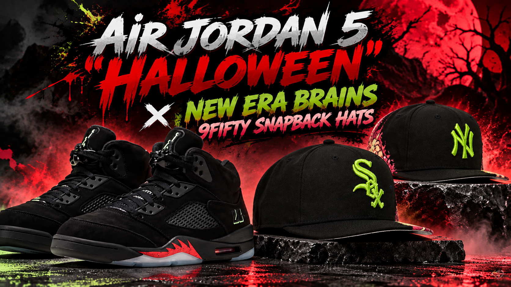 Air Jordan 5 Halloween sneakers paired with New Era Brains 9FIFTY Chicago White Sox and New York Yankees snapback hats featuring neon green logos.