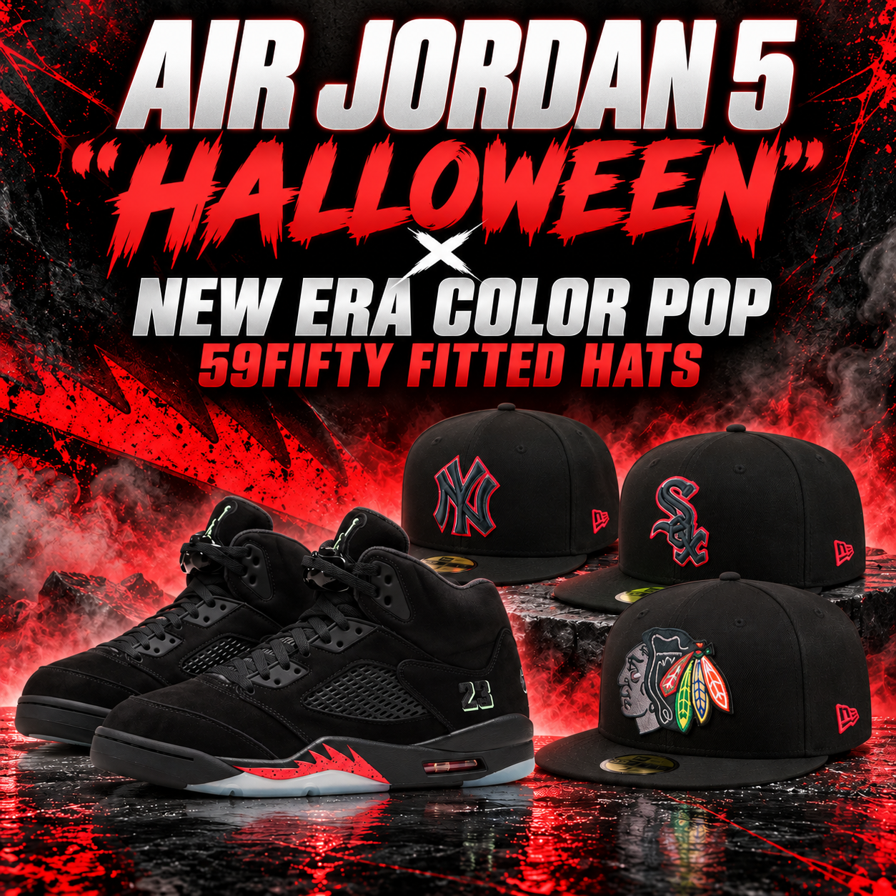 Air Jordan 5 "Halloween" black and red sneakers paired with New Era Color Pop 59FIFTY fitted hats featuring Chicago White Sox, Chicago Blackhawks and New York Yankees logos.