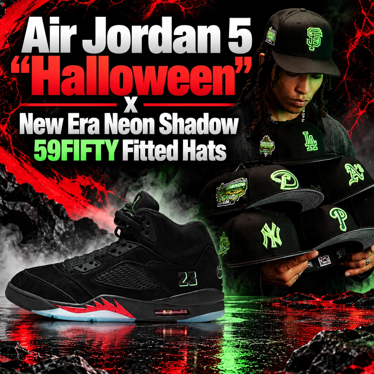Air Jordan 5 Halloween black sneakers with red midsole accents paired with New Era Neon Shadow 59FIFTY fitted hats in black and neon green.