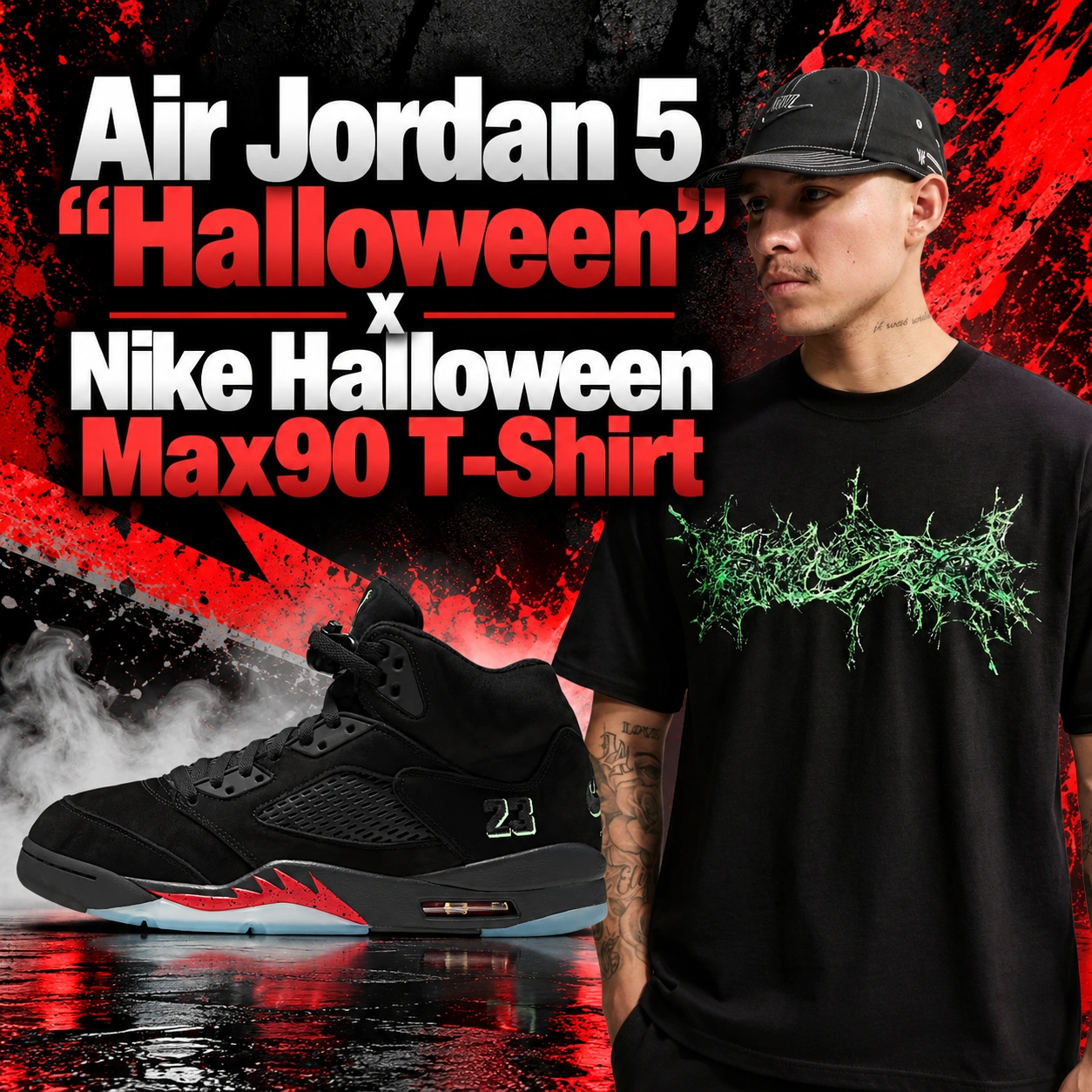 Air Jordan 5 Halloween black sneakers paired with a black Nike Halloween Max90 T-Shirt featuring a neon green spiderweb-inspired Nike graphic.