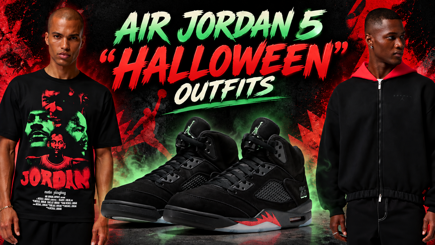 Air Jordan 5 Halloween sneakers in black and Picante Red centered between two models wearing a Jordan graphic T-shirt and a black hoodie with a red hood.