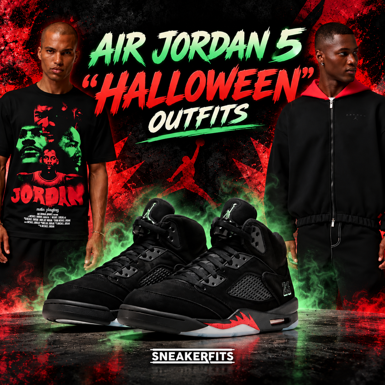 Air Jordan 5 Halloween black and red sneakers with matching Jordan graphic T-shirt and black hoodie outfits – SneakerFits