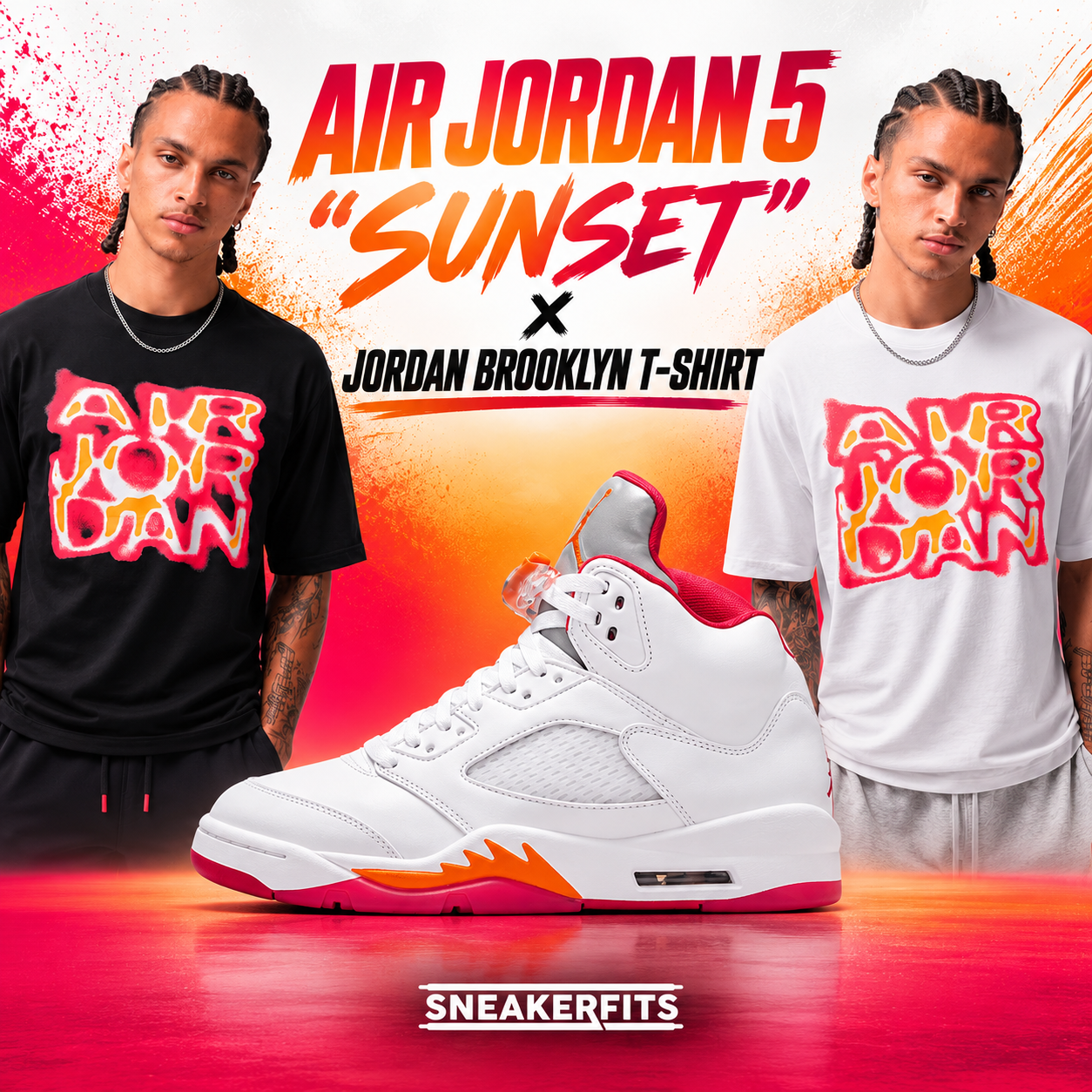 Air Jordan 5 “Sunset” sneakers paired with Jordan Brooklyn graphic T-shirts in black and white featuring matching red, pink and orange designs – SneakerFits