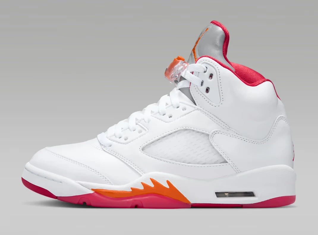 Air Jordan 5 “Sunset” sneakers in White, Fire Red and Sunset with white leather, orange accents and pink-red outsole