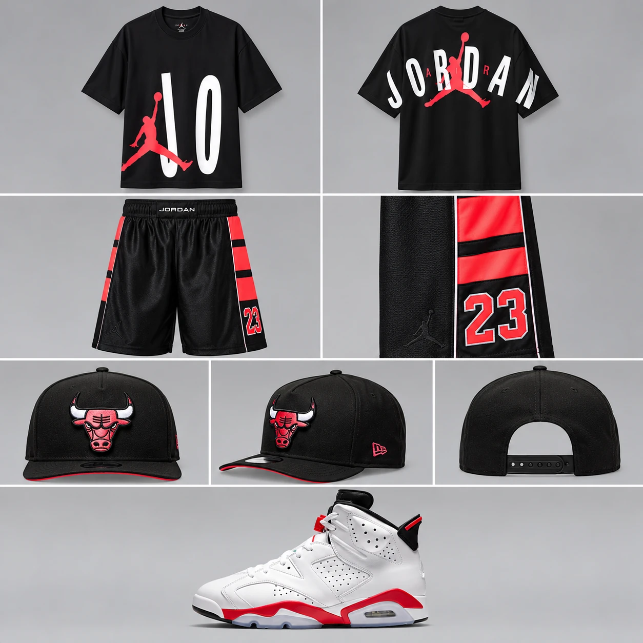 Air Jordan 6 White Infrared outfit grid featuring black Jordan oversized graphic T-shirt, black and Infrared Jordan shorts, and Chicago Bulls New Era snapback hat.